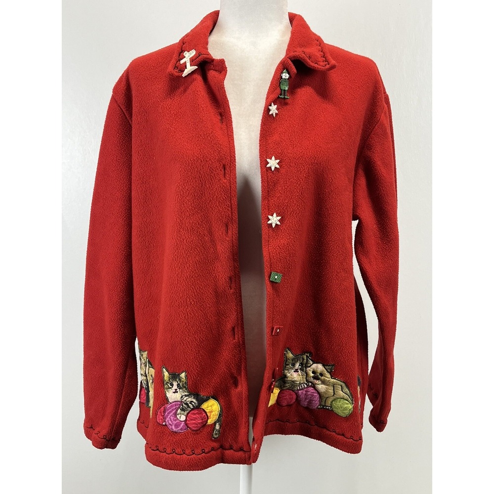 Vtg Take Two Cat Fleece Jacket Sz Medium Womens Christmas Grandma Kitschy Red